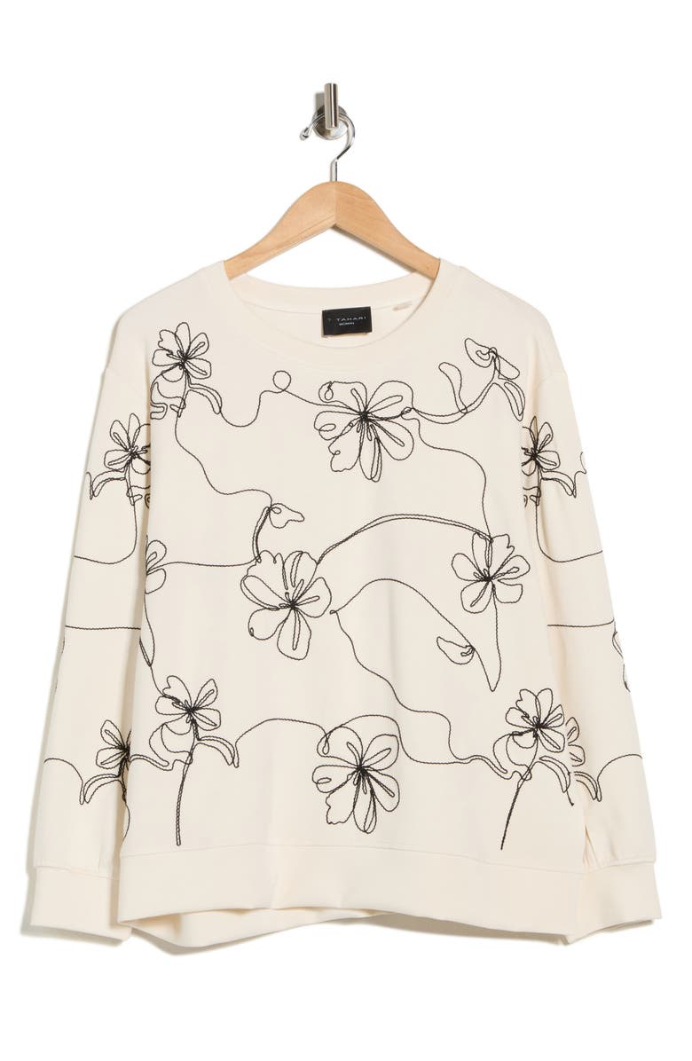 T Tahari Embroidered Scuba Knit Sweatshirt, Main, color, Ecru/Black Embroider