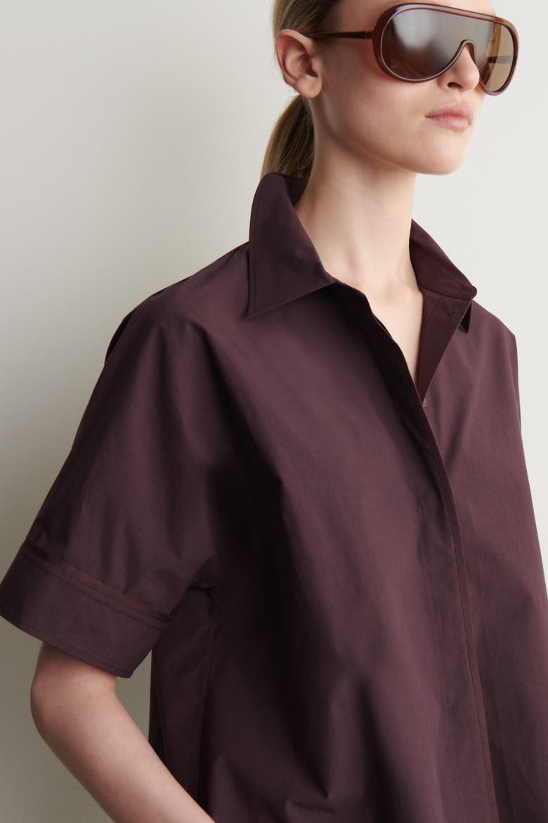 Oversized Short-sleeved Cotton Shirt, Alternate, color, PLUM