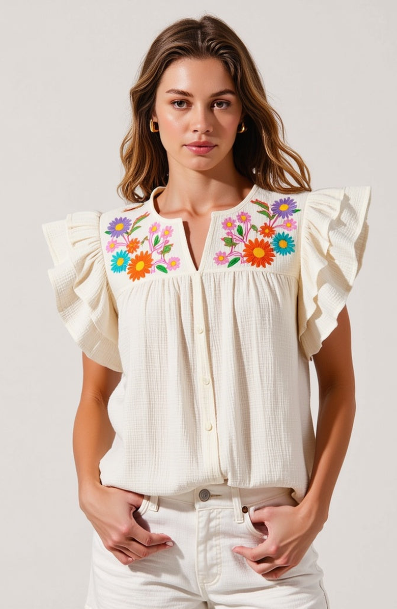 Modenaire Ruffle-Sleeve Button-Front Blouse with Floral Embroidery, Alternate, color, Off-White / Cream