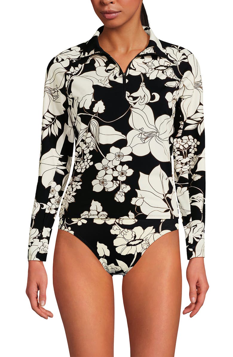Lands' End Long Sleeve Rash Guard Cover-up UPF 50, Alternate, color, Black/Egret Lilies