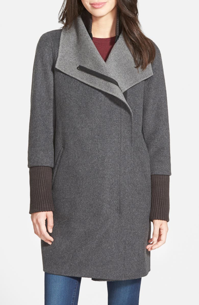 Elie Tahari 'Mika' Drape Collar Wool Blend Coat with Rib Knit Detail, Main, color,