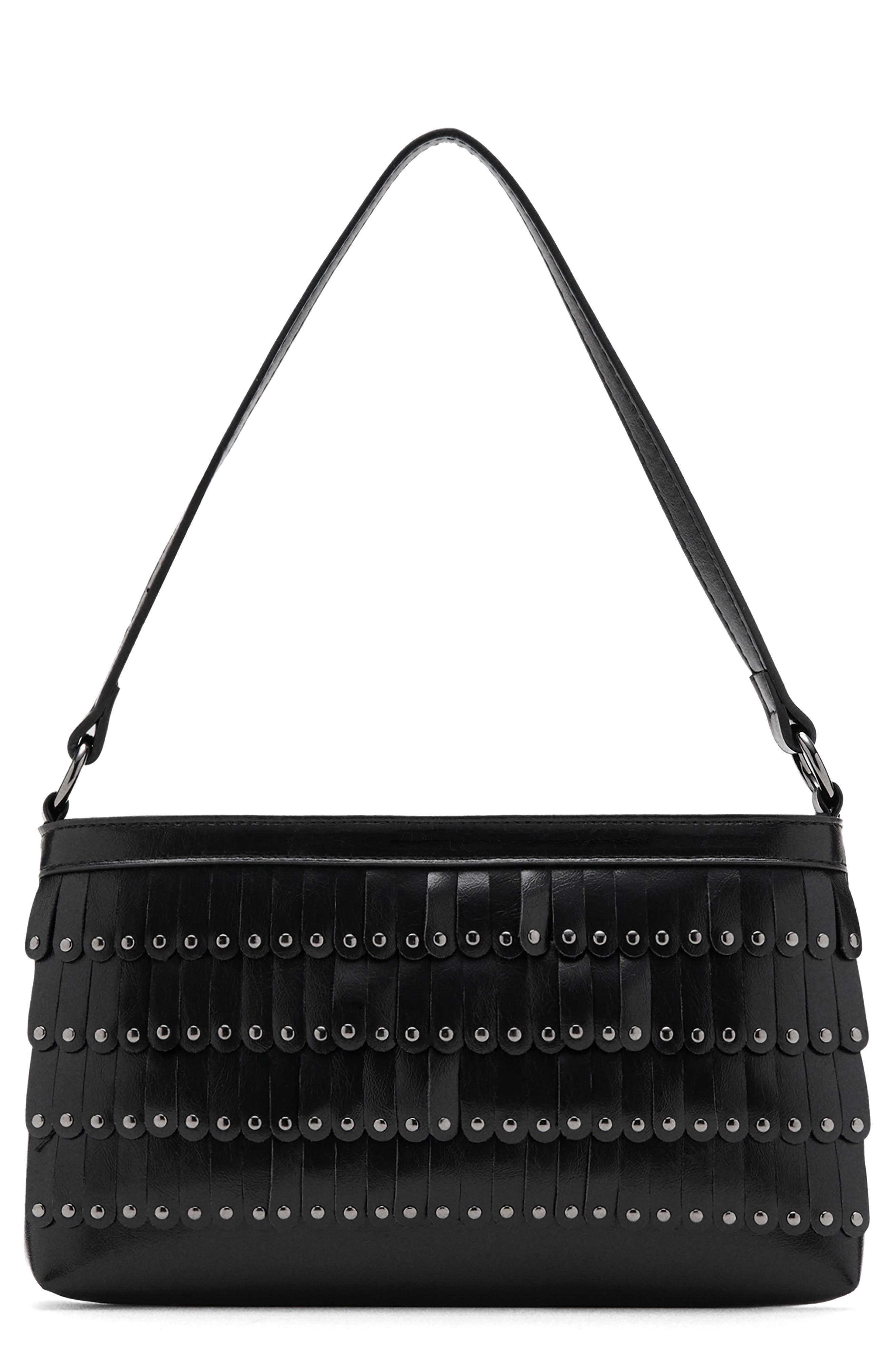 MANGO TEEN Stud Fringe Shoulder Bag, Main, color, Black