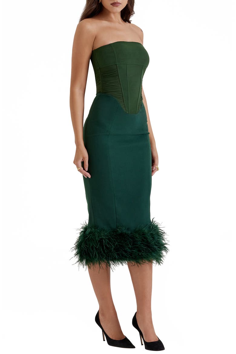 Fionula Strapless Feather Hem Midi Dress, Alternate, color, EMERALD GREEN