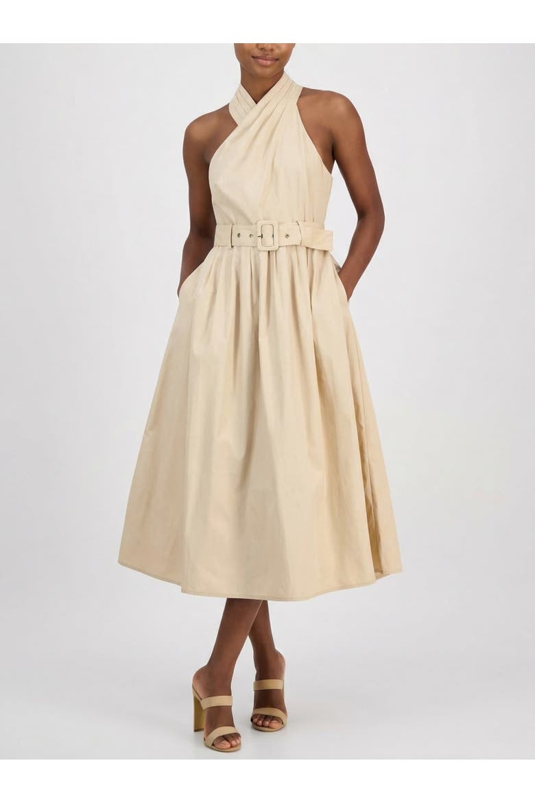Tory Twist Neck Belted Midi Dress, Main, color, Open Beige