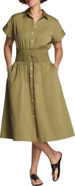 SPANX® Smocked Button-Up Midi Dress