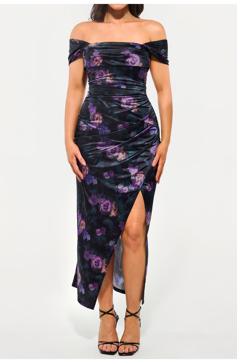 Popilush Liquid Metallic Fabric Off Shoulder Shine Ruched Sculpting Maxi Shapewear Dress, Main, color, Flora