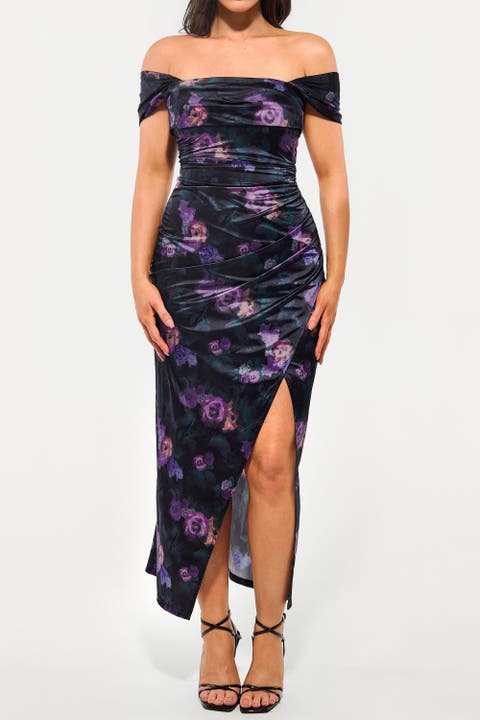 Liquid Metallic Fabric Off Shoulder Shine Ruched Sculpting Maxi Shapewear Dress