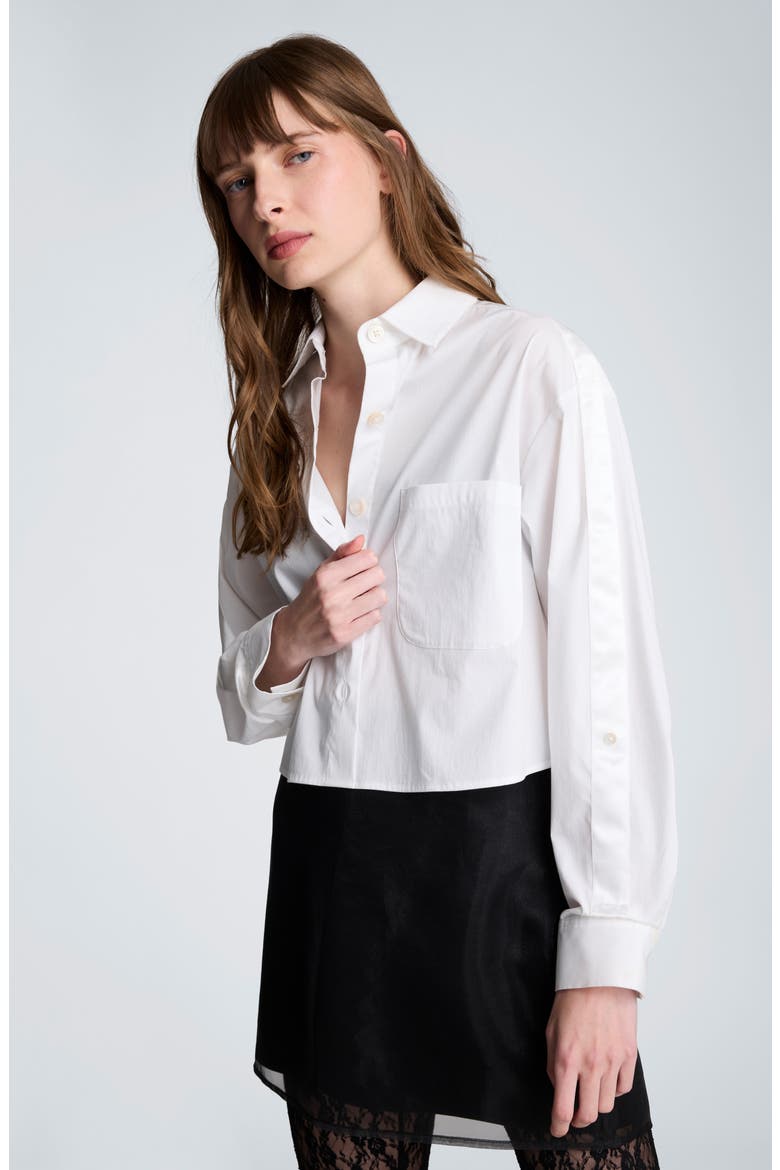 Satin Stripe Crop Button-Up Shirt, Alternate, color, PURE WHITE