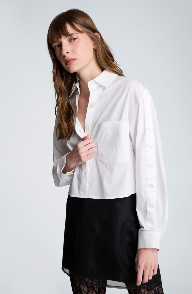 Kenneth Cole Satin Stripe Crop Button-Up Shirt, Alternate, color, Pure White