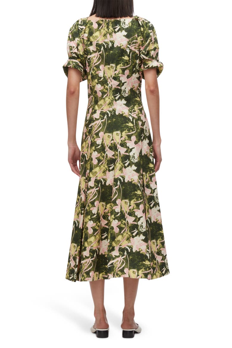 Bloom Sleeve Belted Cotton Midi Dress, Alternate, color, OLIVE FLOATING IRIS