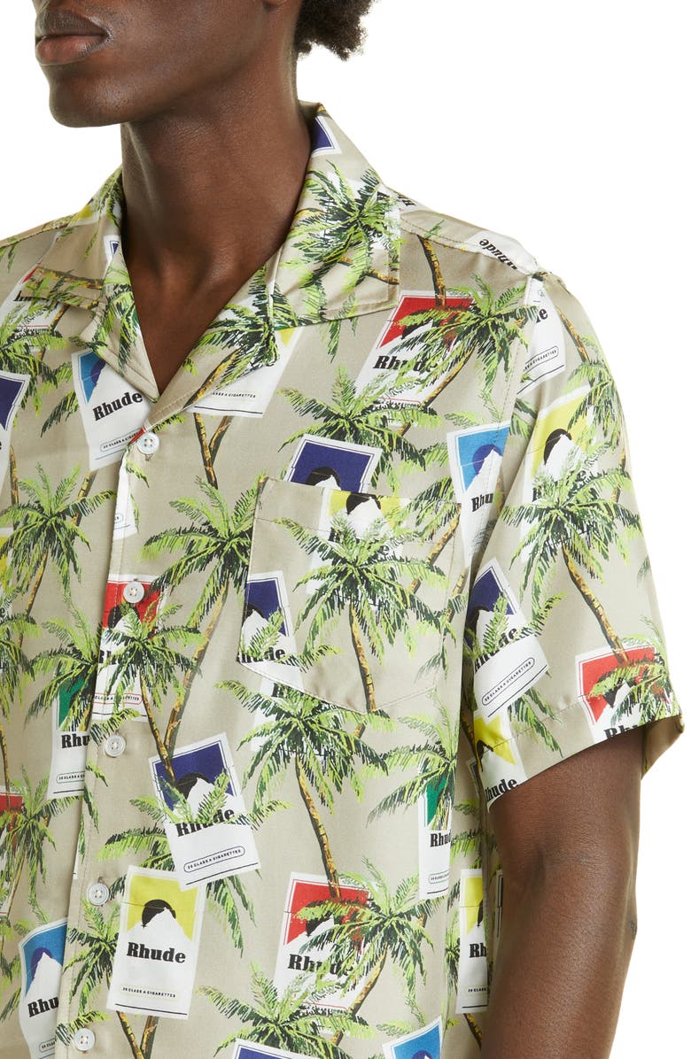 Rhude Palm Tree & Cigarette Print Silk Button-Up Camp Shirt, Alternate, color, 