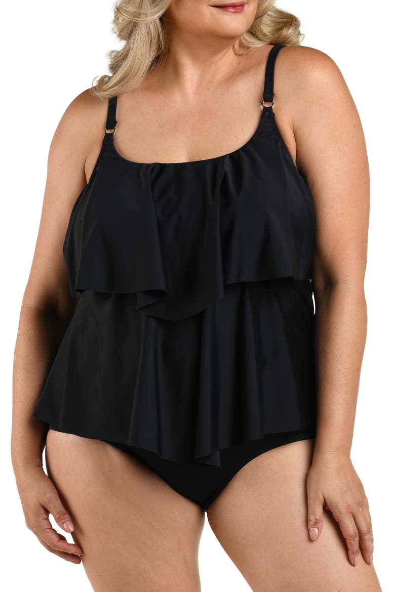 Solid Double Tiered Tankini Top, Main, color, BLACK