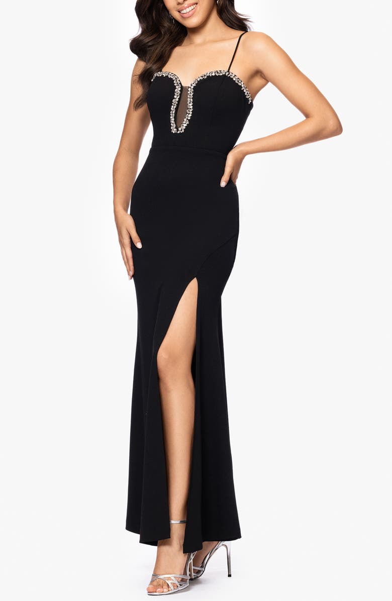 Blondie Nites Rhinestone Sweetheart Neck Scuba Knit Gown, Main, color,