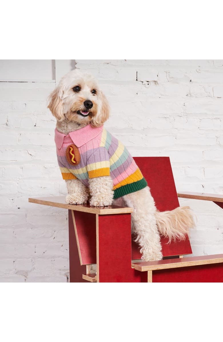 Found My Animal Hotdog Appliqué Stripe Pet Sweater, Alternate, color, Pink