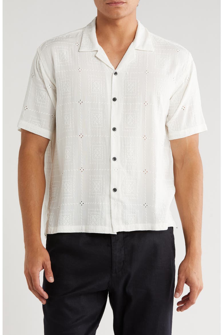 Boxy Fit Floral Eyelet Embroidered Camp Shirt, Main, color, OFF WHITE