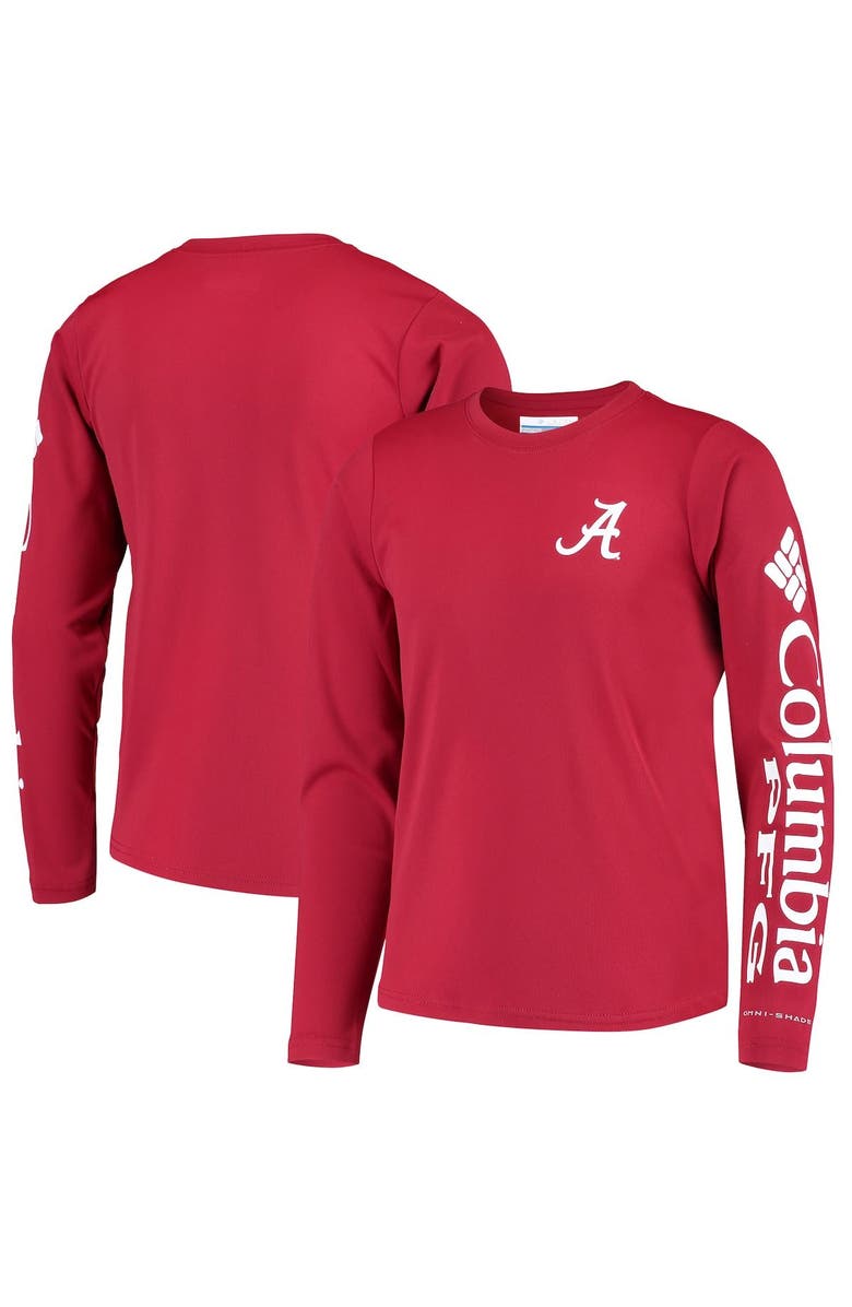 Columbia Youth Crimson Alabama Crimson Tide PFG Terminal Tackle Long Sleeve Omni-Shade T-Shirt, Main, color, Crimson