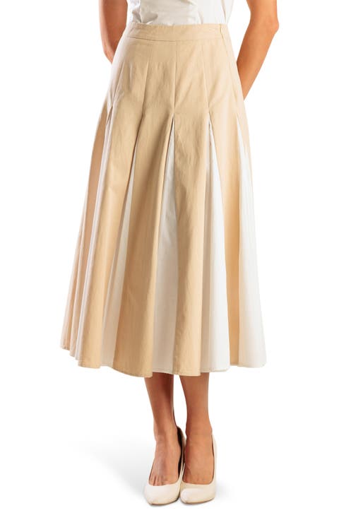 Colorblocked Cotton Pleated Midi Skirt