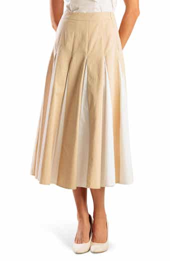 Colorblocked Cotton Pleated Midi Skirt