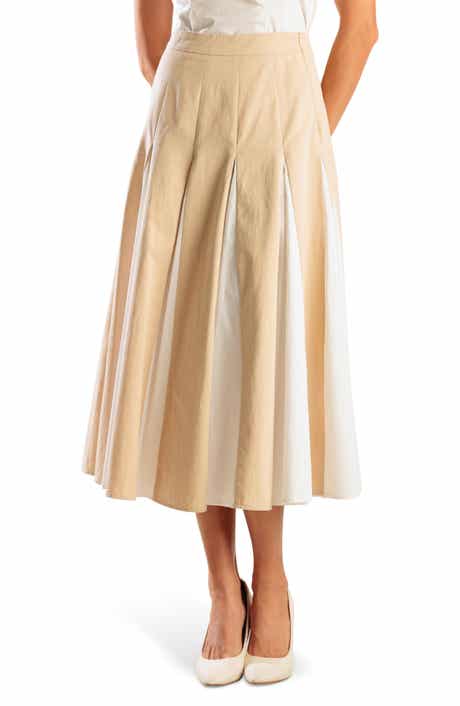 Colorblocked Cotton Pleated Midi Skirt