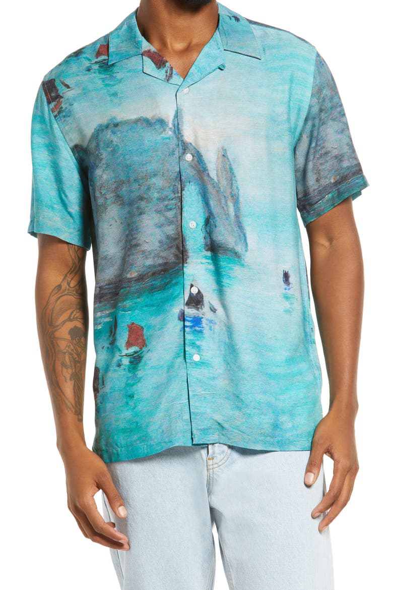 Monet Boat Print Short Sleeve Button-Up Shirt, Main, color, MULTI