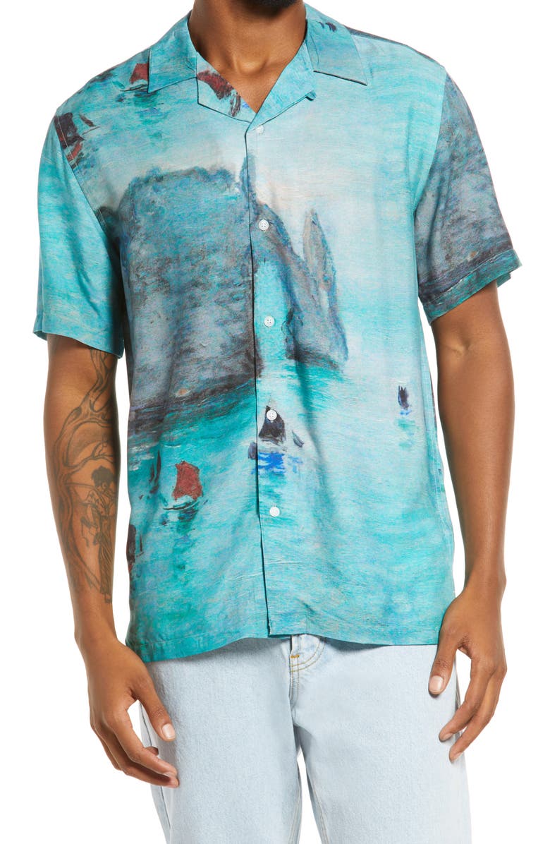 Topman Monet Boat Print Short Sleeve Button-Up Shirt, Main, color, 