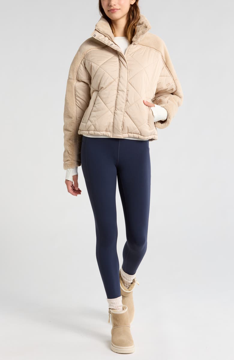 Zella Faux Fur Mixed Media Quilted Jacket, Alternate, color, Tan Oxford