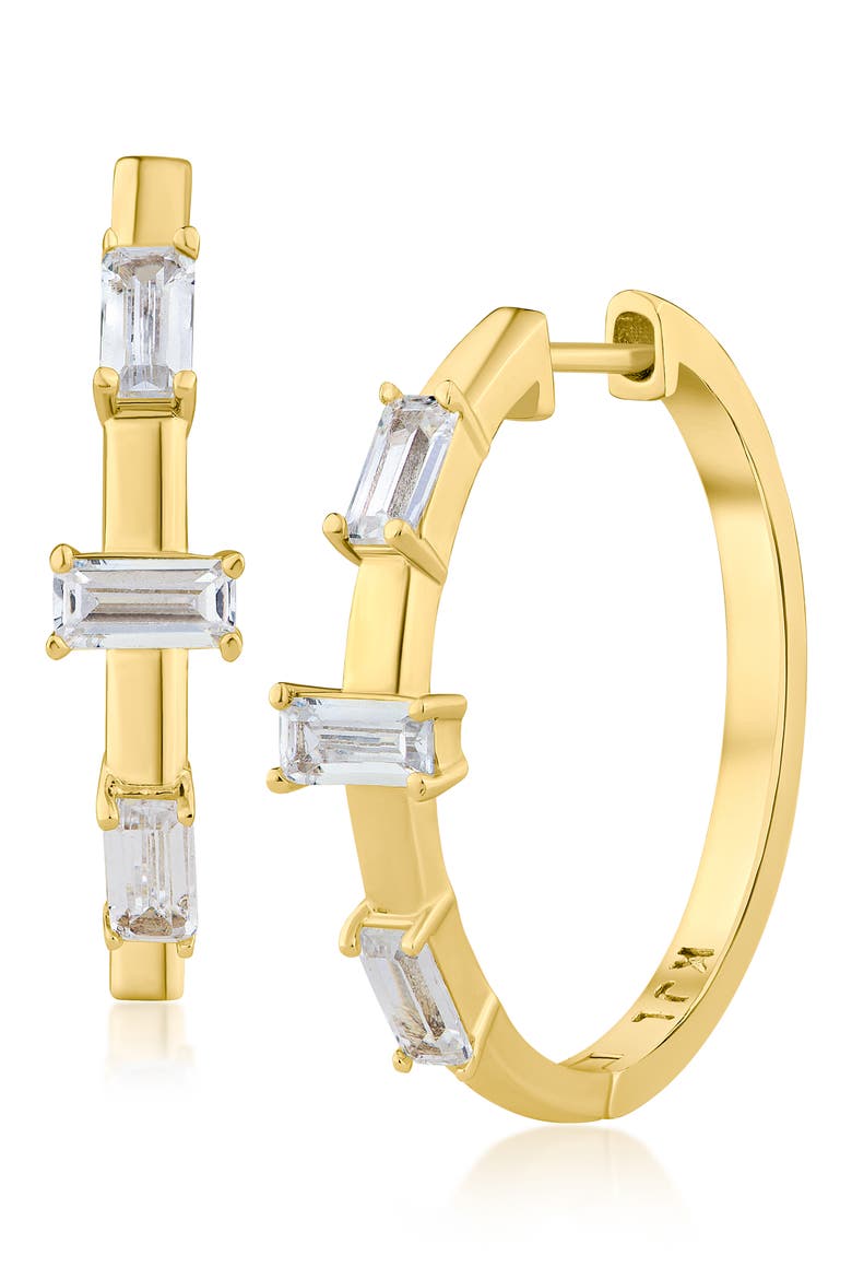 Baguette Cubic Zirconia 3-Stone Hoop Earrings, Main, color, GOLD