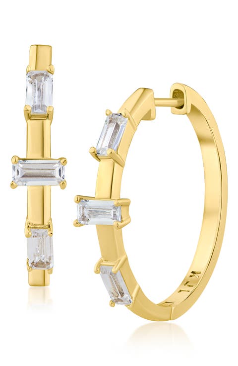 Baguette Cubic Zirconia 3-Stone Hoop Earrings