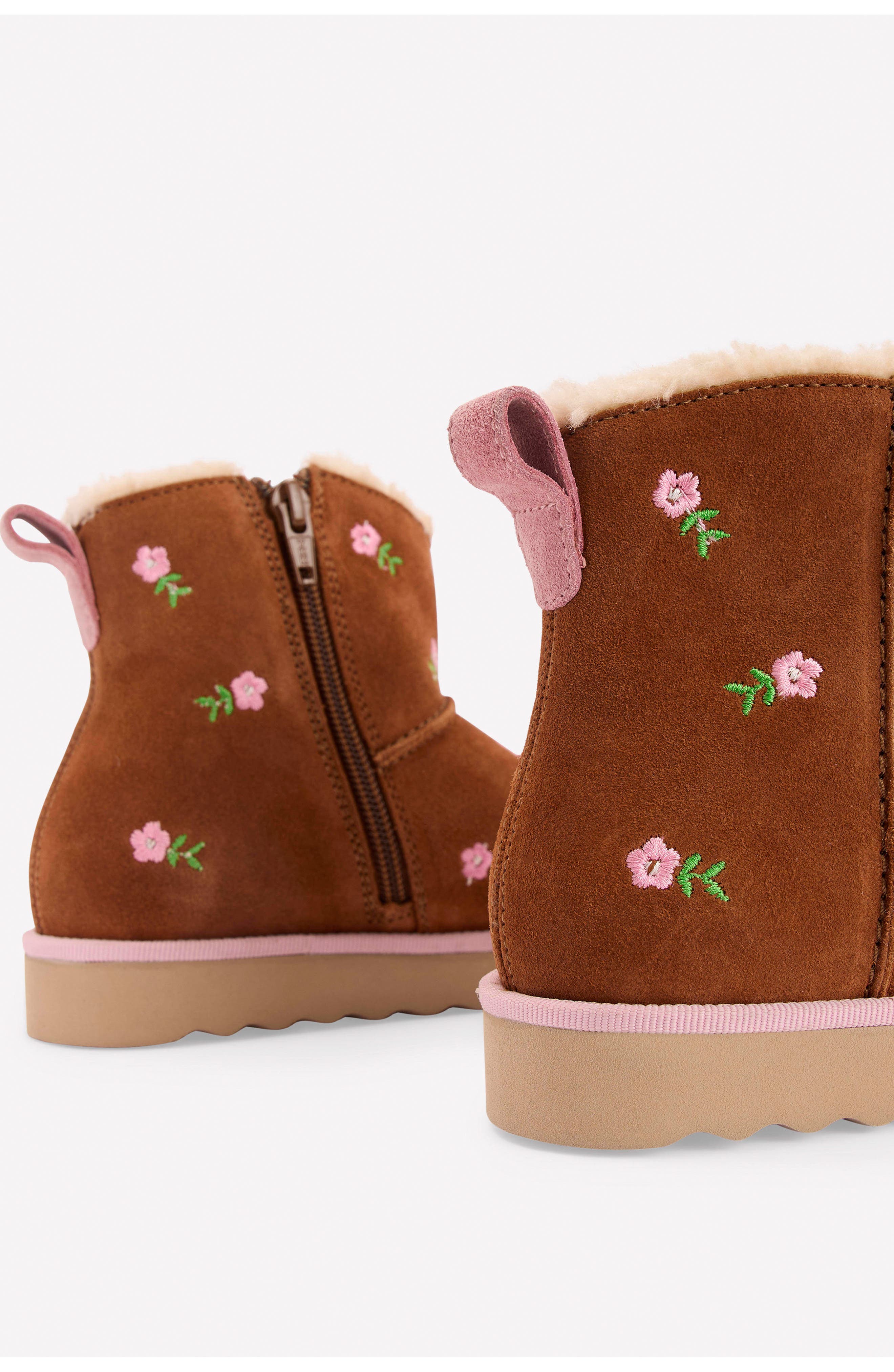 Boden Kids' Embroidered Cozy Faux Fur Lined Boot, Alternate, color, Embroidered Tan