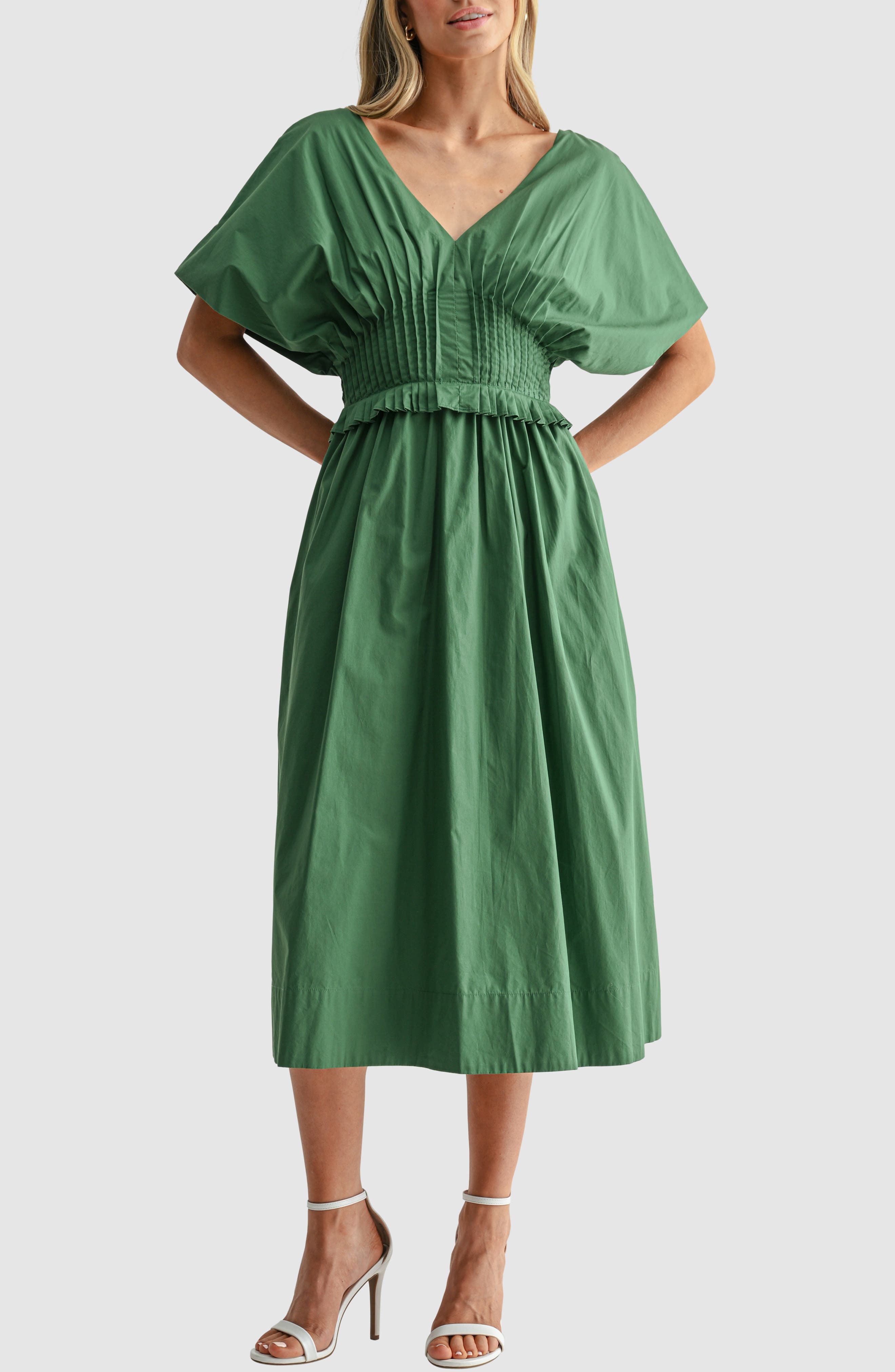 Dolman Sleeve Cinched Waist Midi Dress