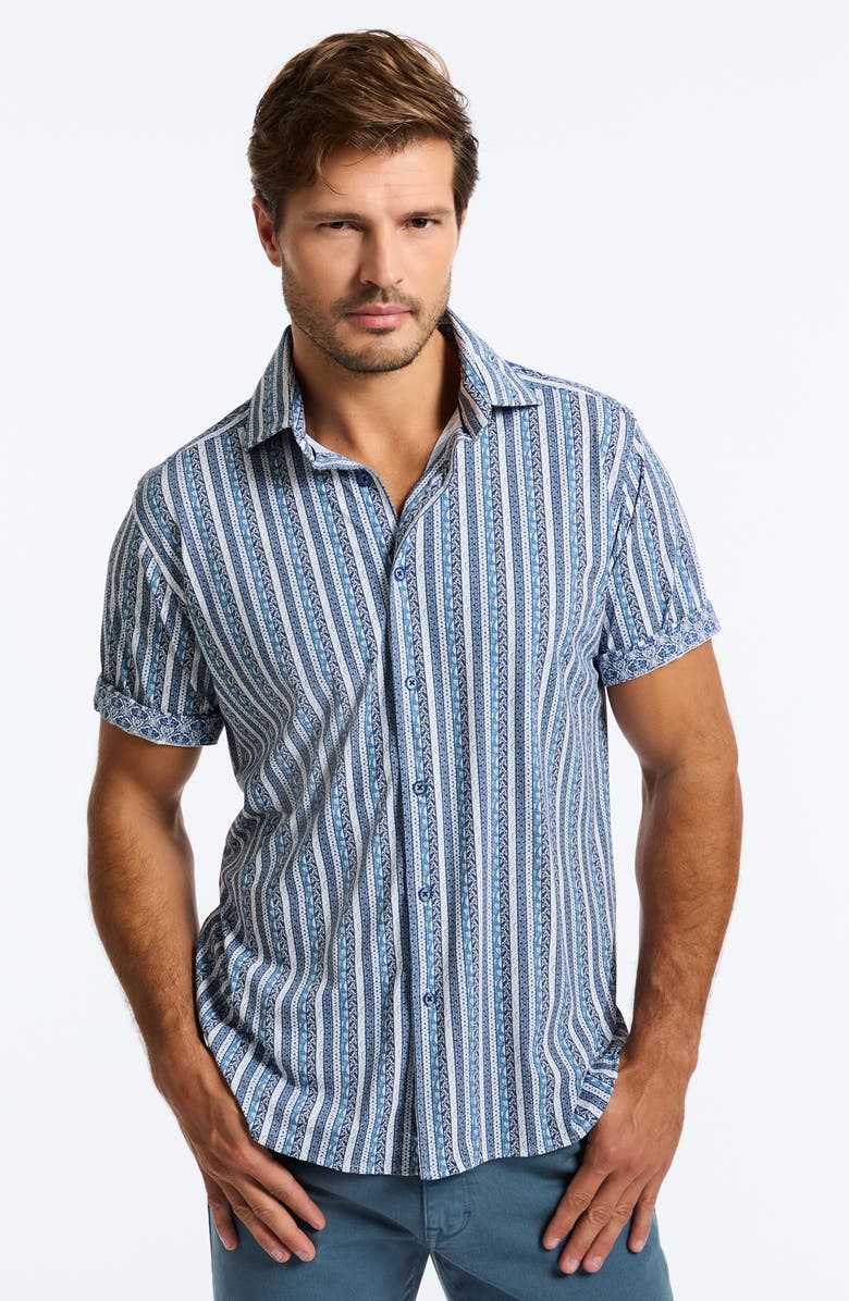 Robert Graham Ionian Classic Fit Stripe Short Sleeve Knit Button-Up Shirt, Alternate, color, Navy