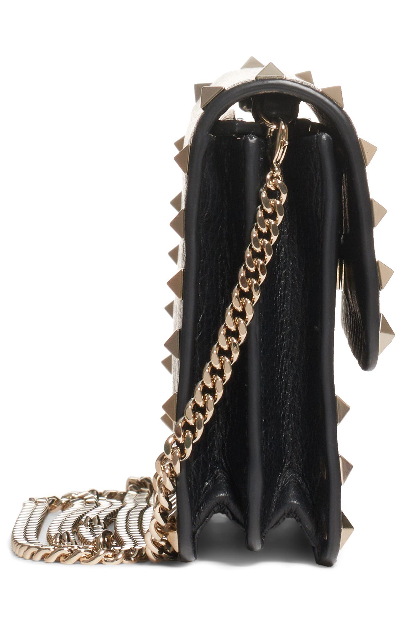 Rockstud Leather Wallet on a Chain, Alternate, color, NERO