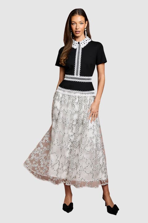 Embroidered Mesh Skirt Midaxi Dress