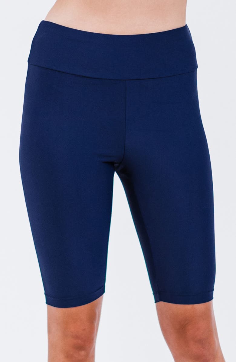 Calypsa Maya Tankini Swim Top With Built-in Bra and Navy Long Bike Swim Shorts Set, Alternate, color, Black