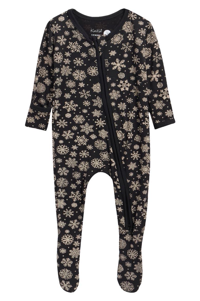 Snowflakes Print Two-Way Zip Footie, Main, color, CHALKBOARD SNOWFLAKES