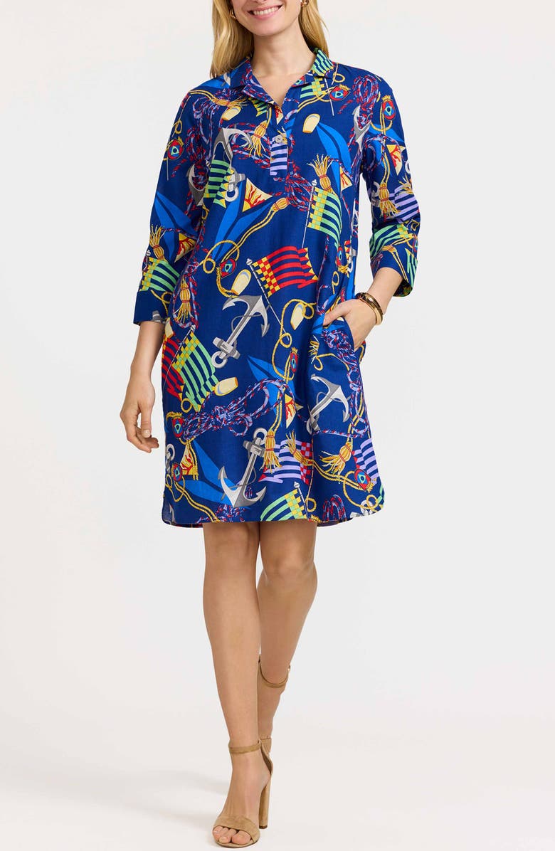 Foxcroft Sloane Nautical Print Linen Blend Shirtdress, Main, color, Navy Multi