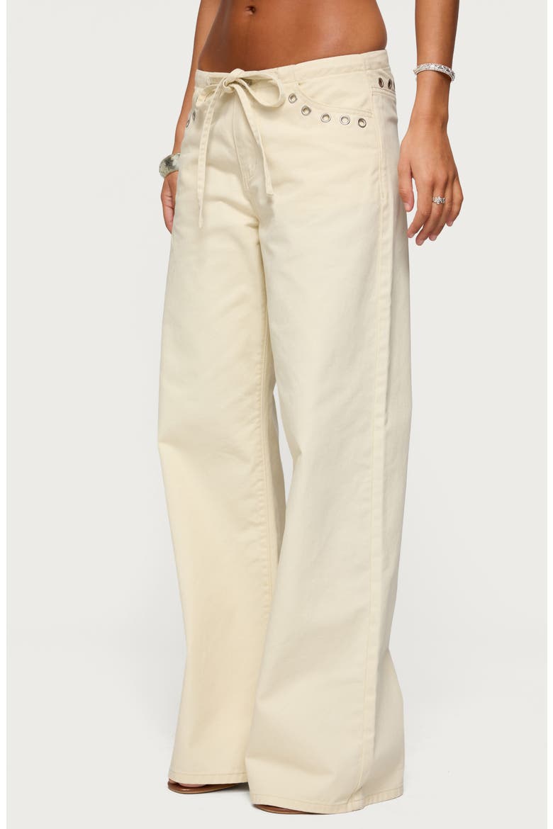 Grommet Drawstring Low Rise Wide Leg Jeans, Alternate, color, BEIGE