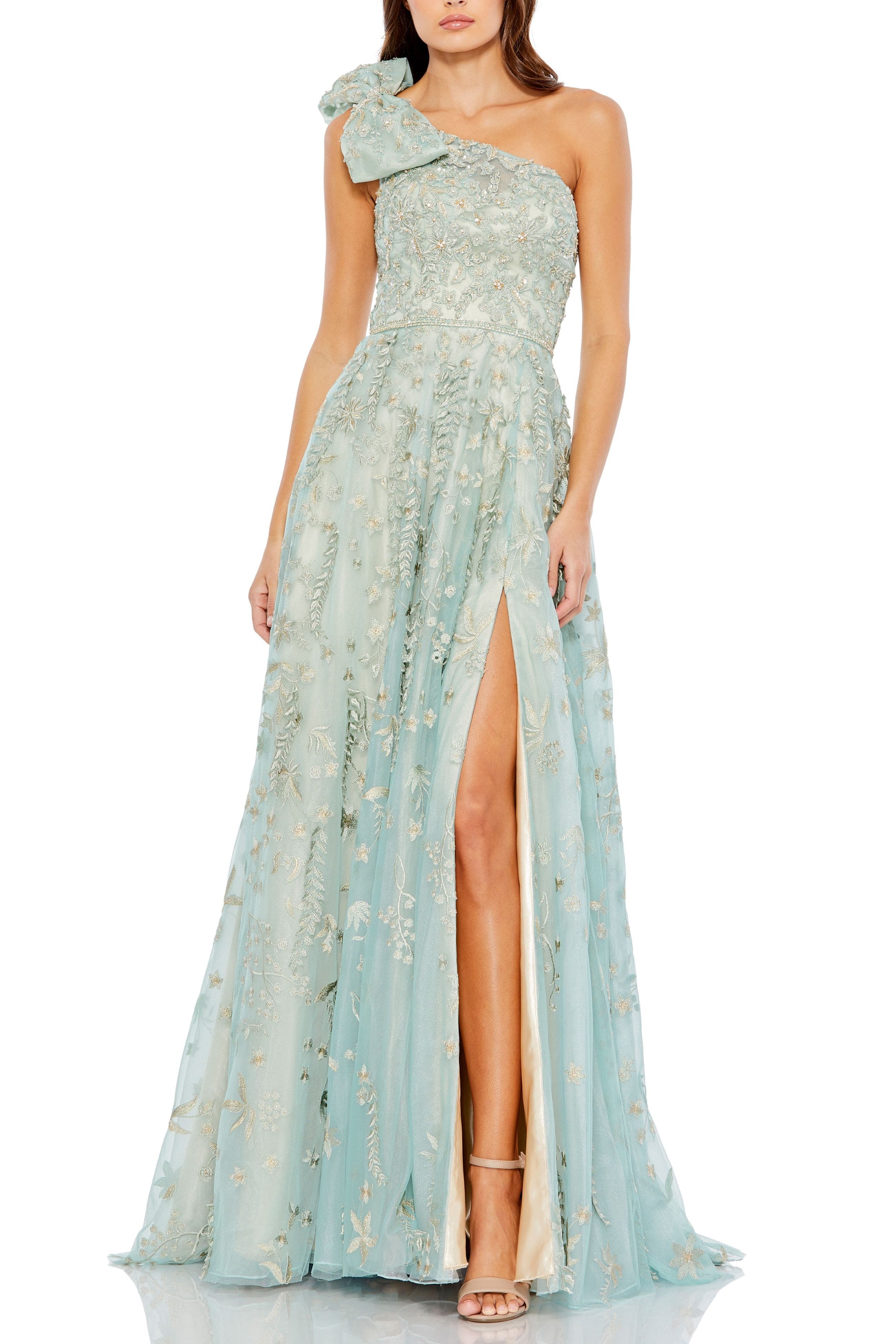 Embellished Bow One Shoulder A Line Gown