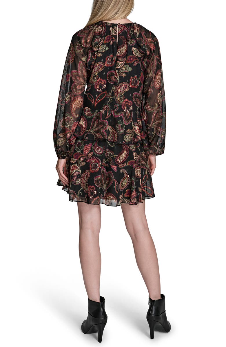 BCBG Print Ruffle Long Sleeve Minidress, Alternate, color, Chocolate / Plum Orange