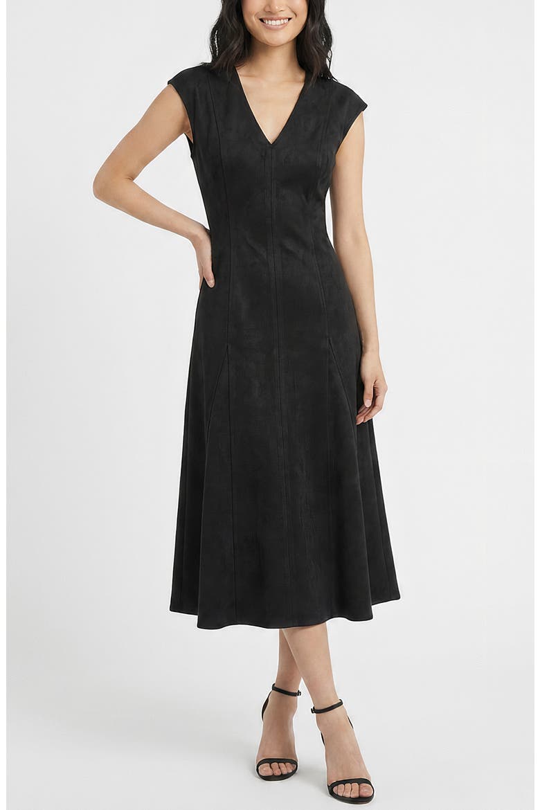 Sleeveless Faux Suede Midi Dress, Main, color, BLACK