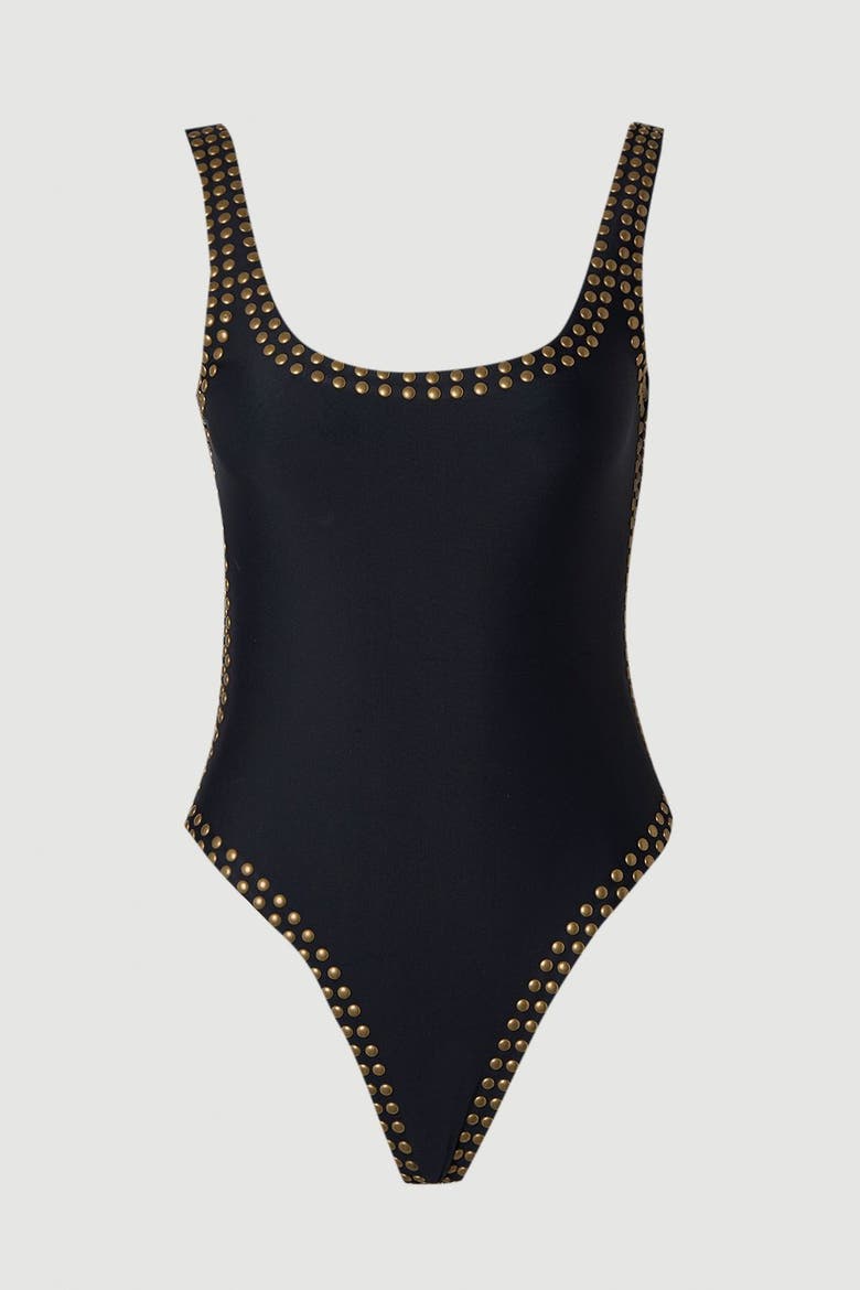 Studded Trim One Piece Swimsuit, Alternate, color, Black