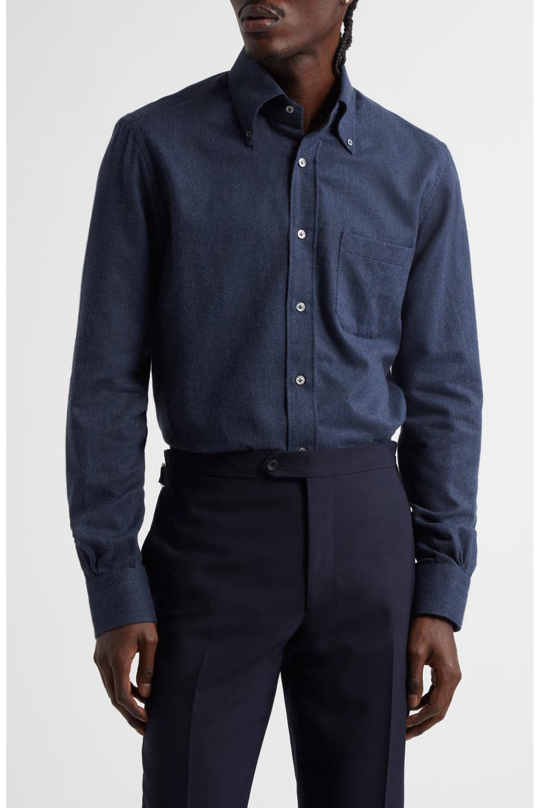 Cotton Flannel Button-Down Shirt, Main, color, NAVY