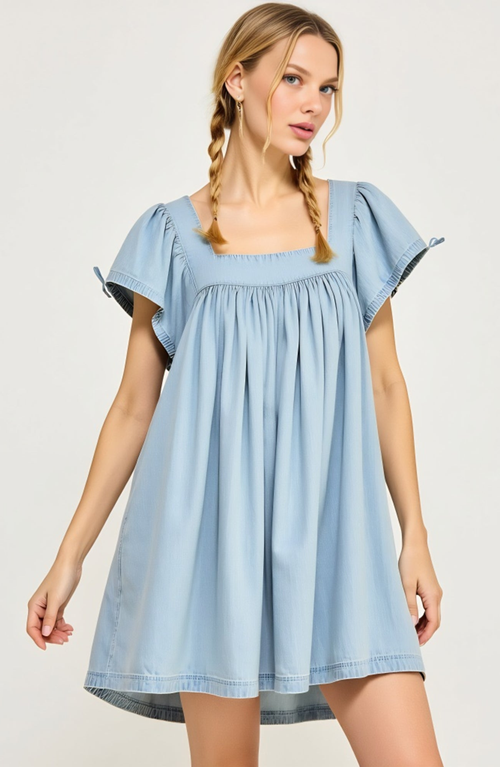 Modenaire Babydoll Dress With Square Neck And Flutter Sleeves In Blue