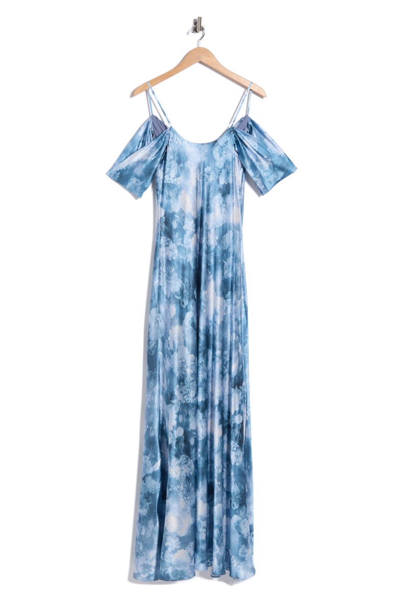 Kenna Cold Shoulder Cowl Neck Satin Dress, Alternate, color, DUSTY BLUE MULTI CLOUD