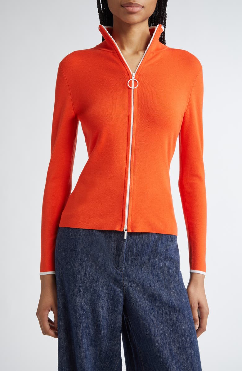 Akris punto Contrast Trim Virgin Merino Wool Zip Front Cardigan, Main, color, Orange/ Cream
