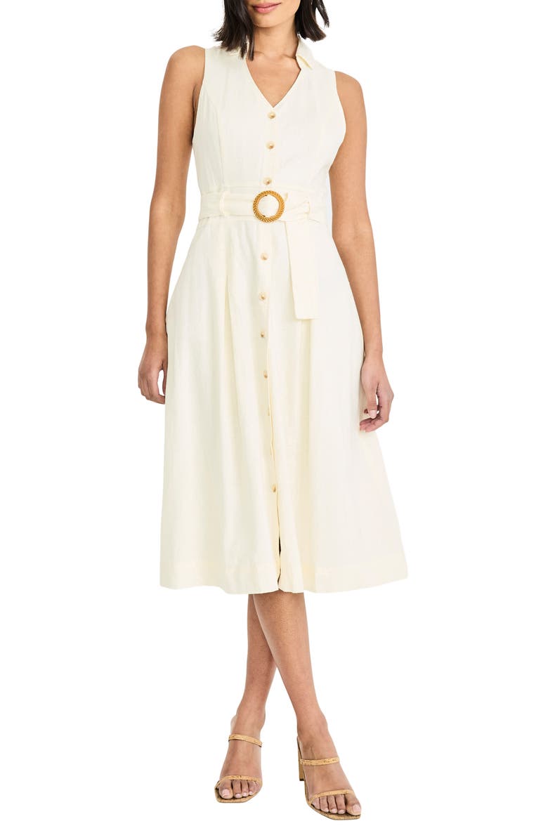 Maggy London Sleeveless Linen Blend Midi Shirtdress, Main, color, Winter White