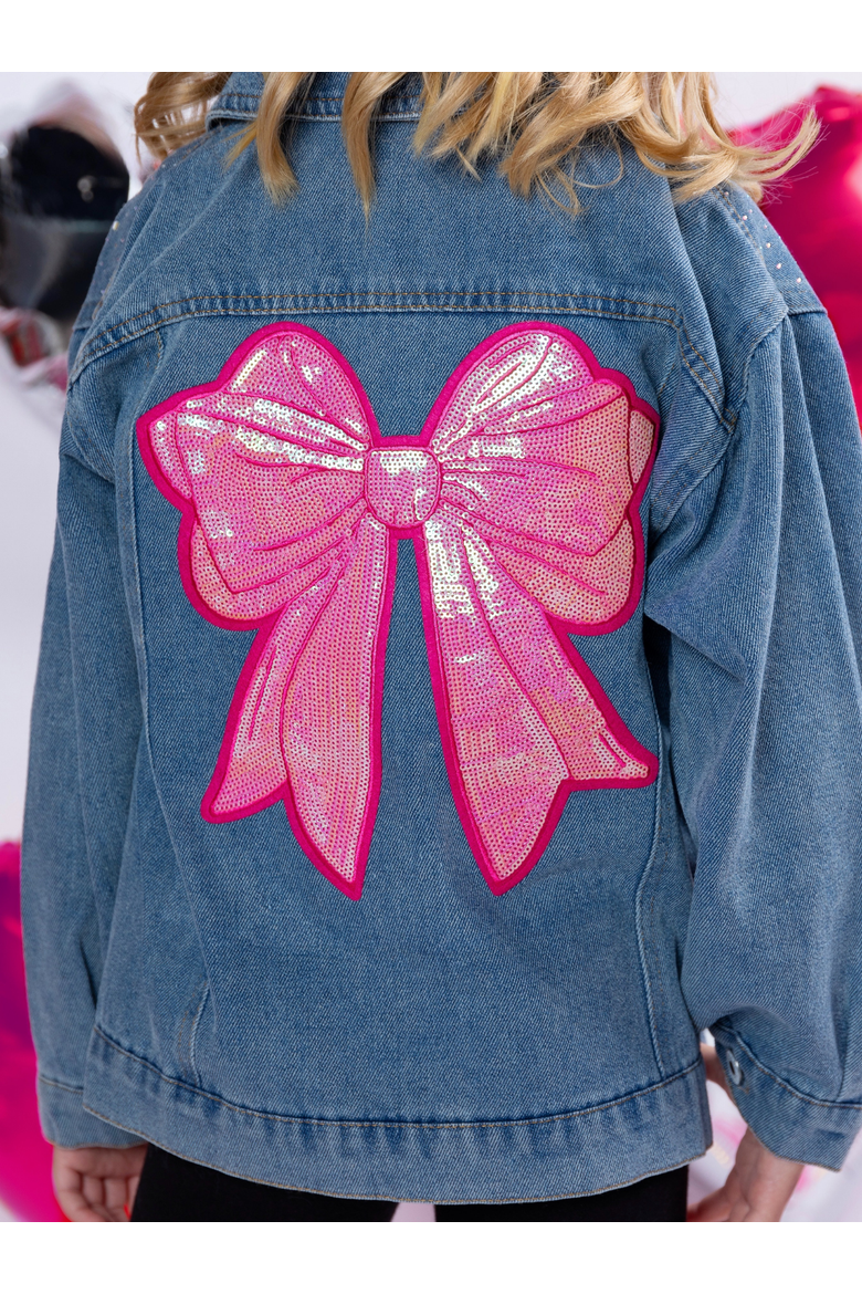 Ellaria Sequin Bow Denim Jacket, Alternate, color, Blue