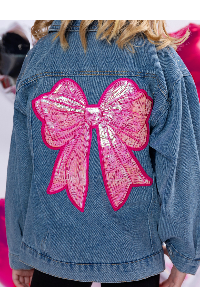 Mia Belle Girls Ellaria Sequin Bow Denim Jacket, Alternate, color, Blue