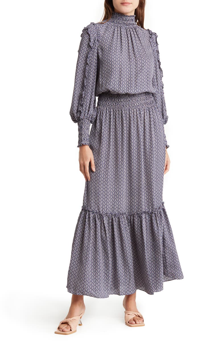 MAX STUDIO Mock Neck Smocked Printed Maxi Dress, Main, color, 