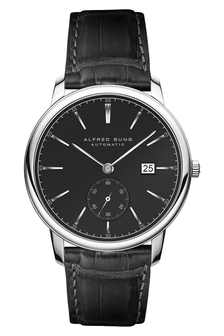 Automatic IV Leather Strap Watch, 43mm, Main, color, BLACK STRAP/BLACK DIAL